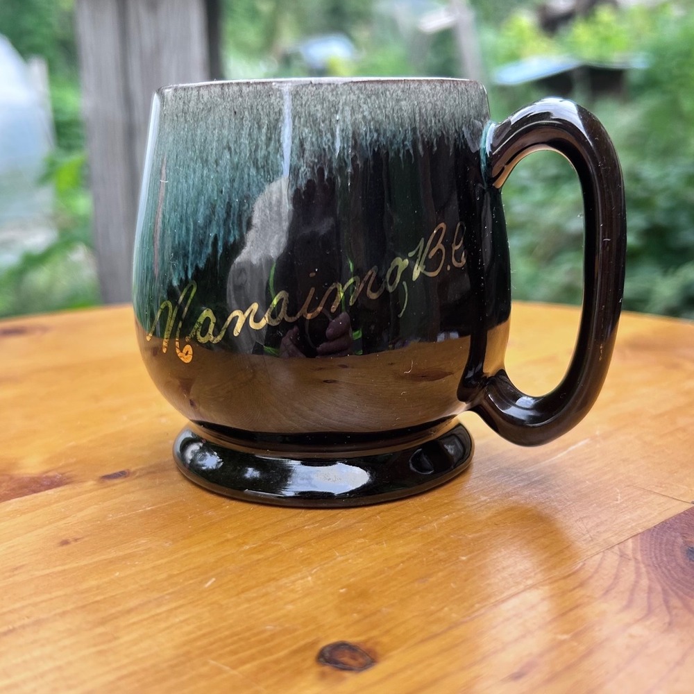 Vintage Mug Nanaimo BC Souvenir Green Black Drip Glaze Blue Mountain Pottery